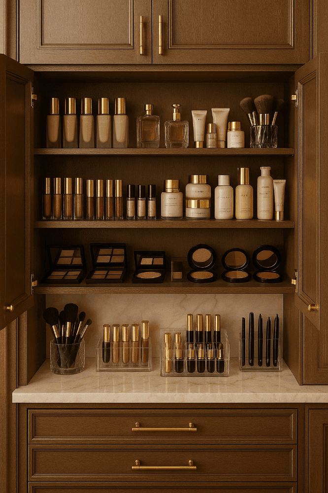 Organized neutral wardrobe with hanging garments and neatly folded linens