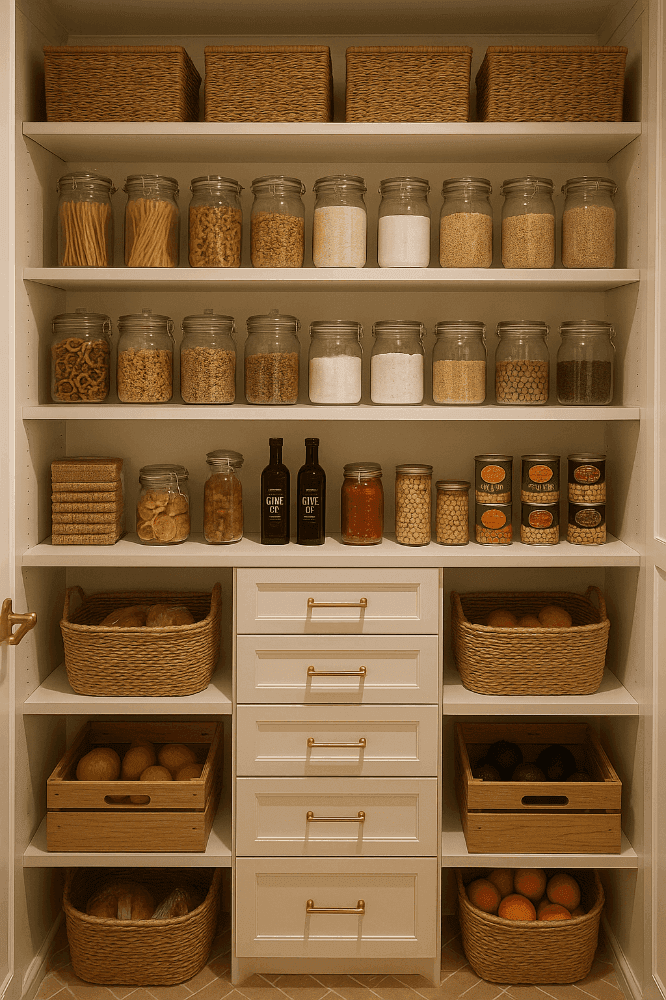 Minimal wooden shelving with curated decor and baskets