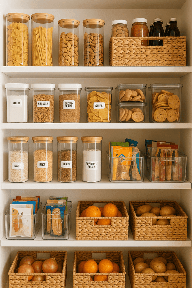 Labeled pantry shelves with baskets and glass jars